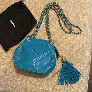 Chanel Turquoise Leather Tassel CC Shoulder Chain Bag Gold Quilt Zipper